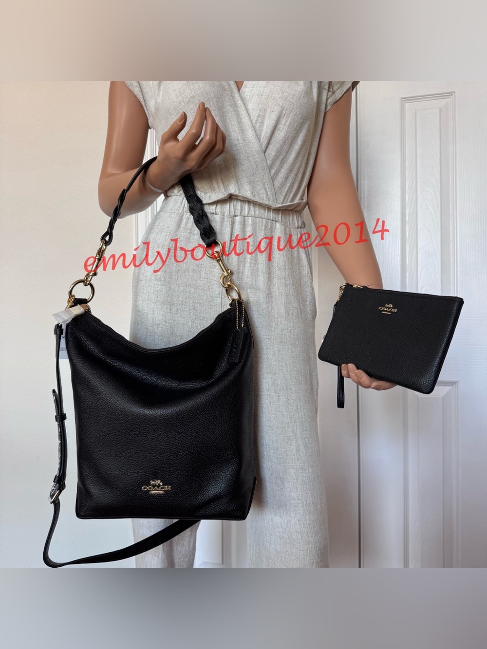 NWT Coach F31507 Abbey Duffle Leather Black Shoulder Bag & Wristlet Wallet Set